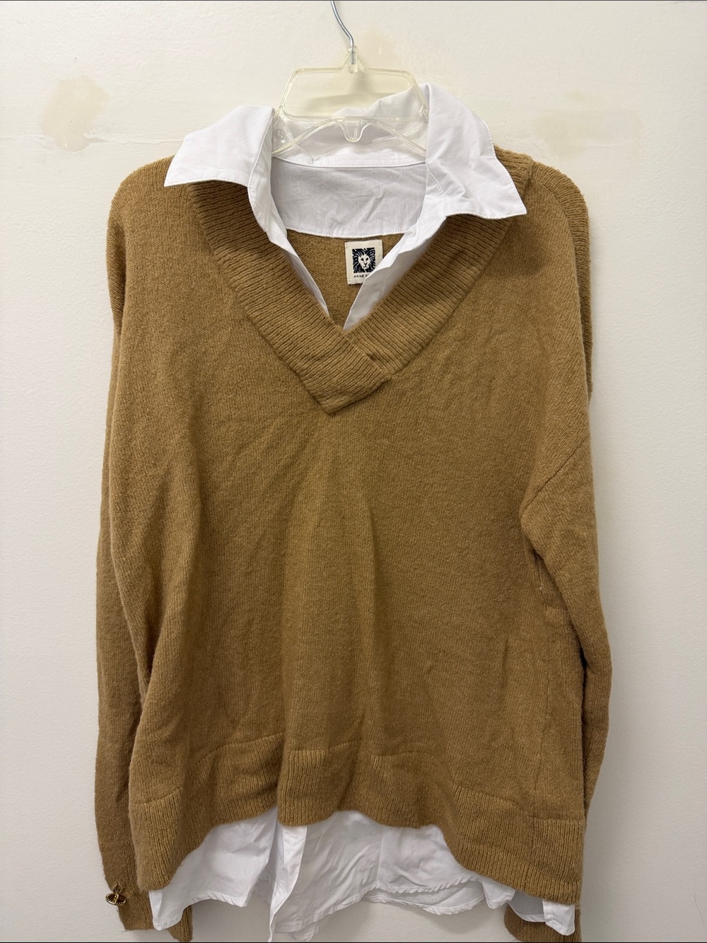 Anne Klein Camel V-Neck Sweater with White Shirt Detail